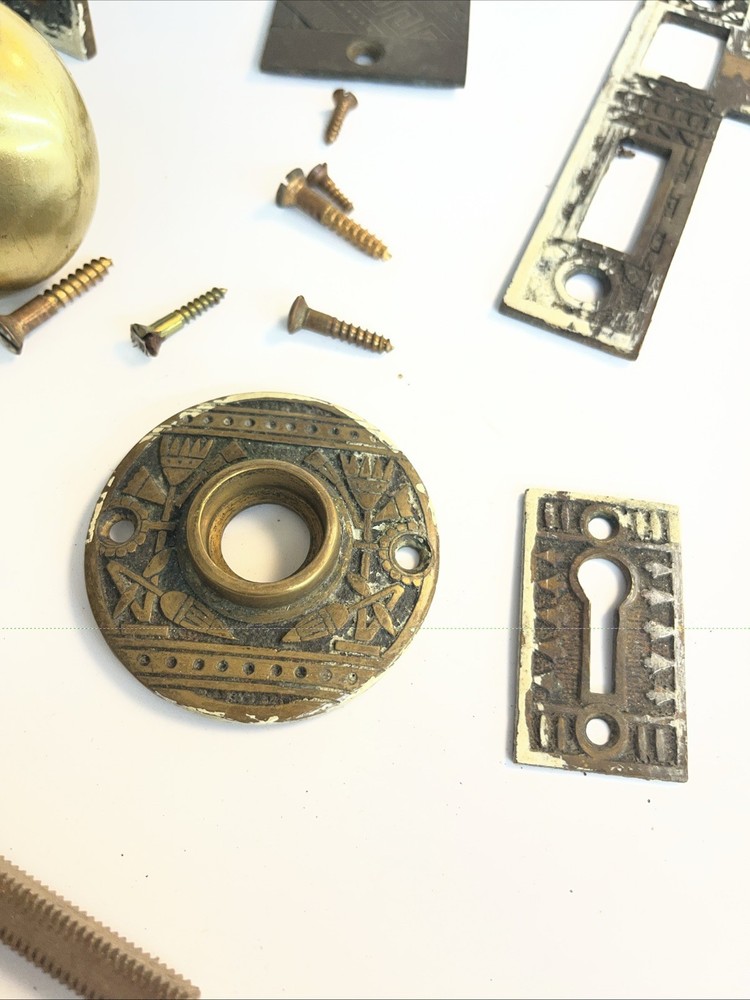 Antique RH Company Mortise Lock Set Brass Knobs Escutcheons Complete