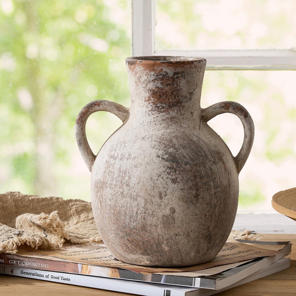 SIDUCAL Rustic Ceramic Farmhouse Flower Vase with 2 Handles, Whitewashed Terr...