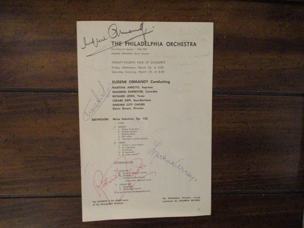 EUGENE  ORMANDY/CESARE  SIEPI/RICHARD  LEWIS/MARTINA ARROYO  Signed 1966 Program