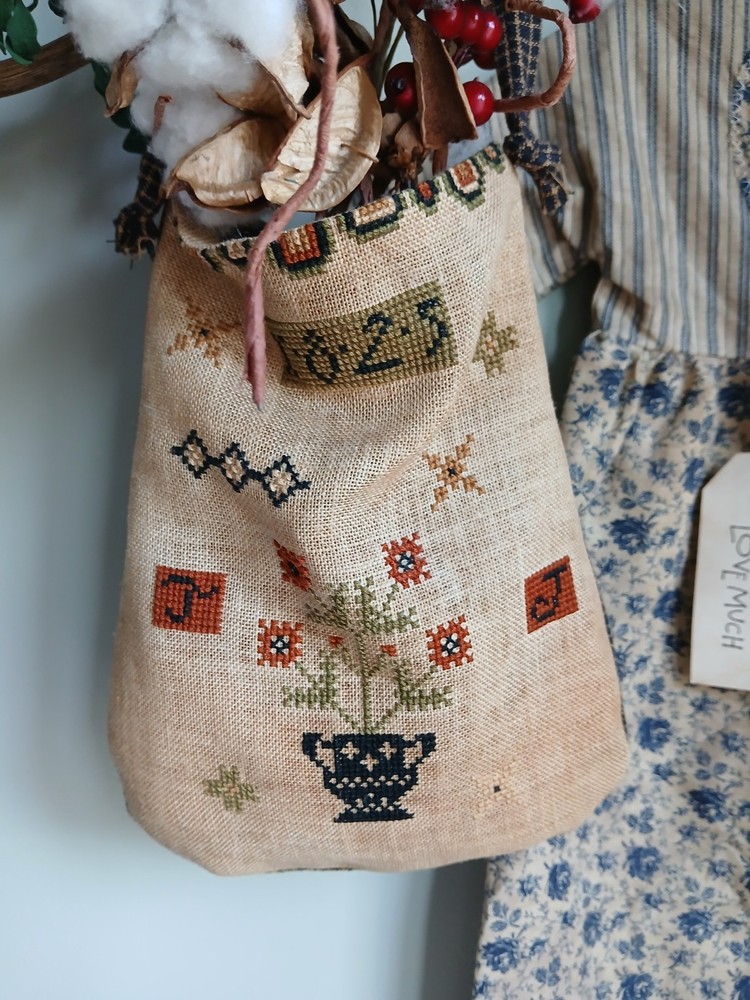 Handmade Cross Stitch Primitive Ditty Bag Finished Piece
