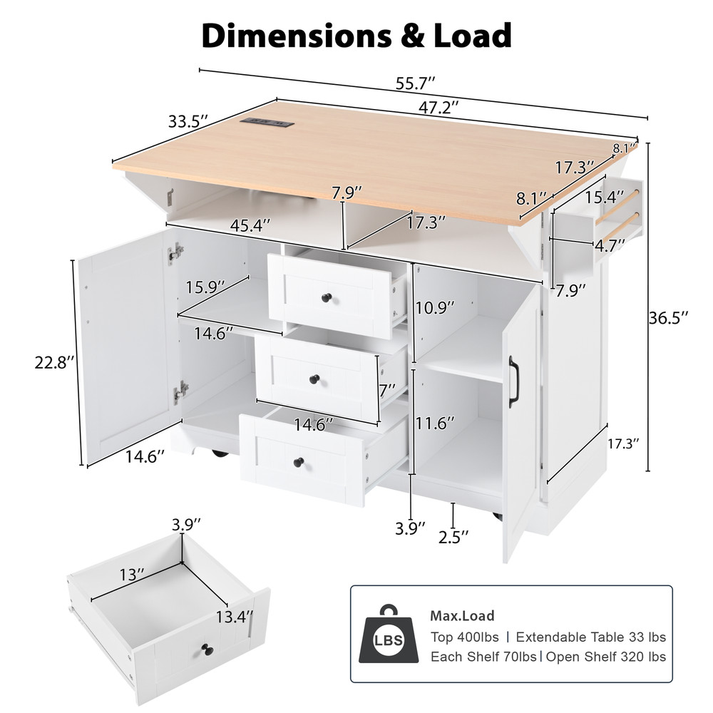 K&K 55.7'' Large Kitchen Island with 2 Drop Leaf,, Rolling Kitchen Cart on 5 W