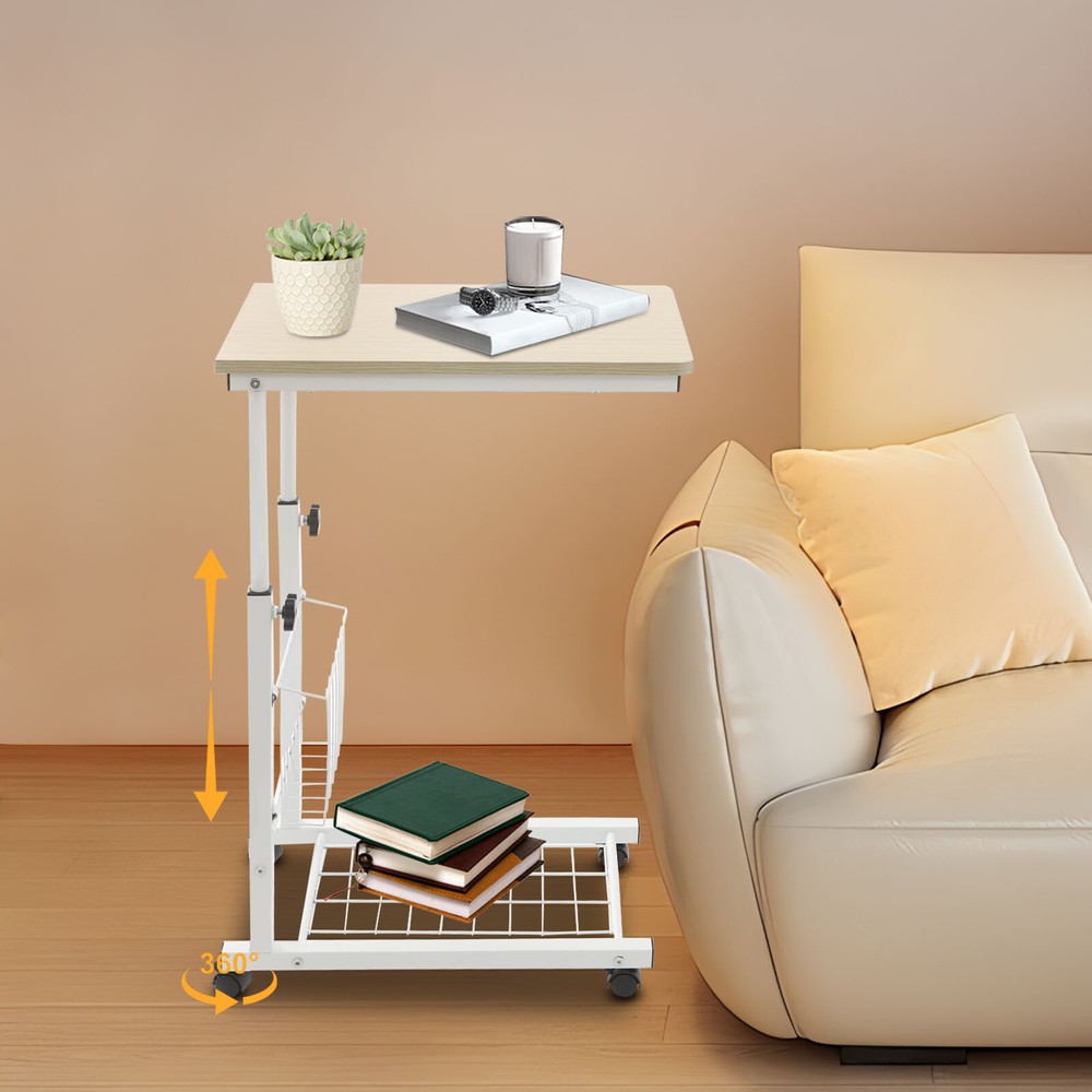 Adjustable Bed Side Table With Wheels, 2 Tier C Shaped Mobile Standalone Table