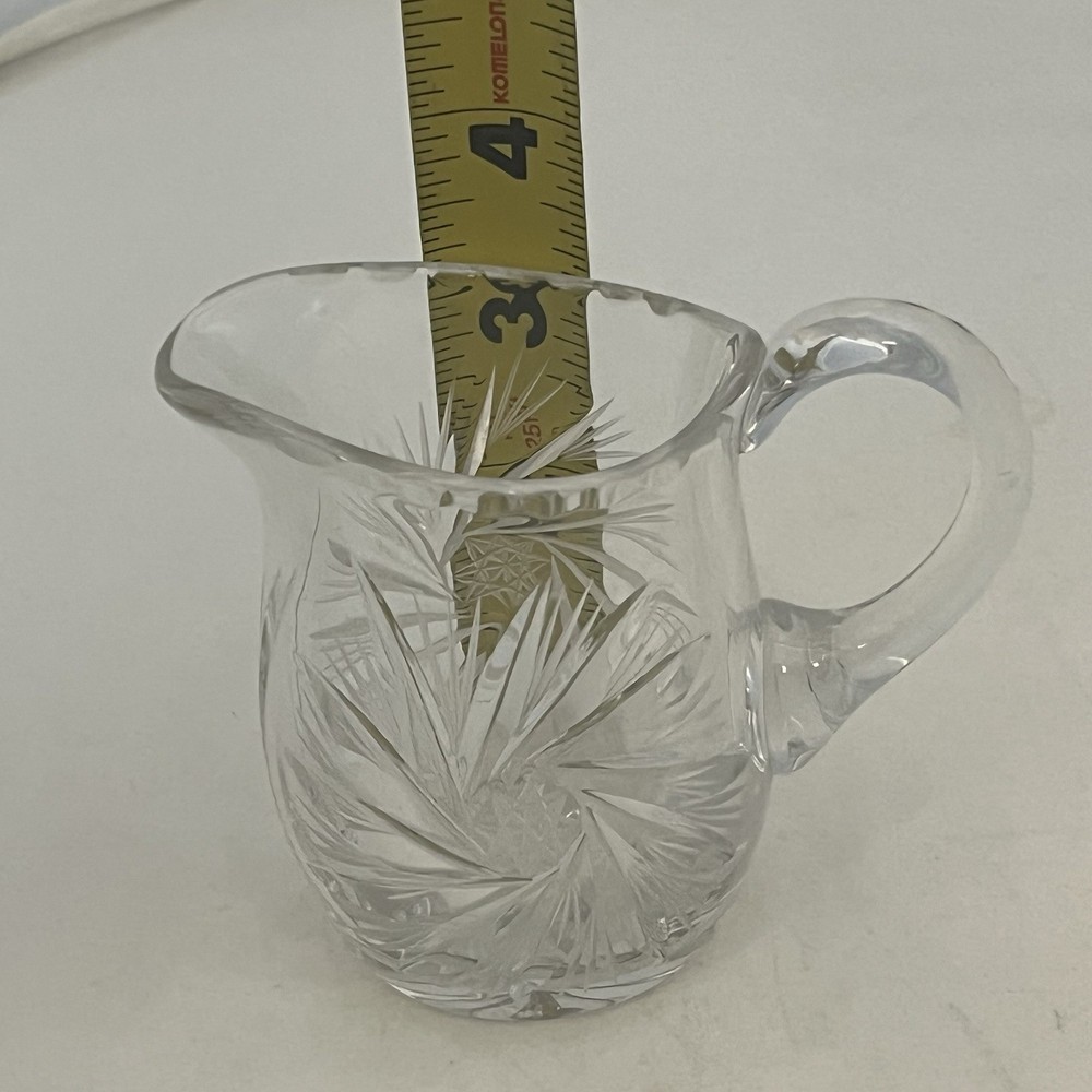 Small Unbranded Cut Crystal Creamer Pitcher Pinwheel Star Pattern Chip On Handle