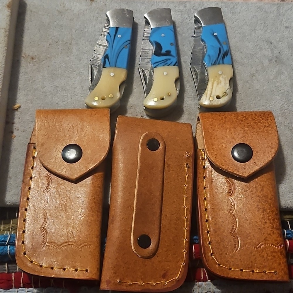 3 Damascus Folding Pocketknives Blue Bone Handle