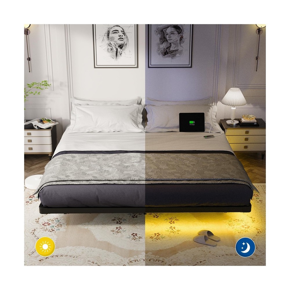 OLEVS King Size Floating Bed Frame, Metal Platform, with LED Light and Chargi...