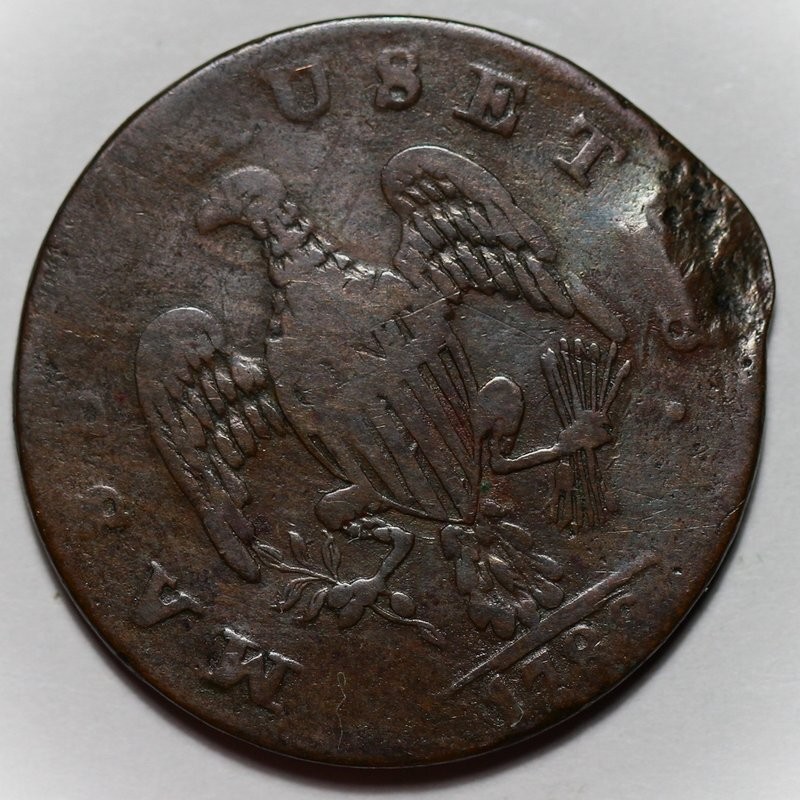 1788 Massachusetts Copper Colonial Cent, Ryder 8, Damage