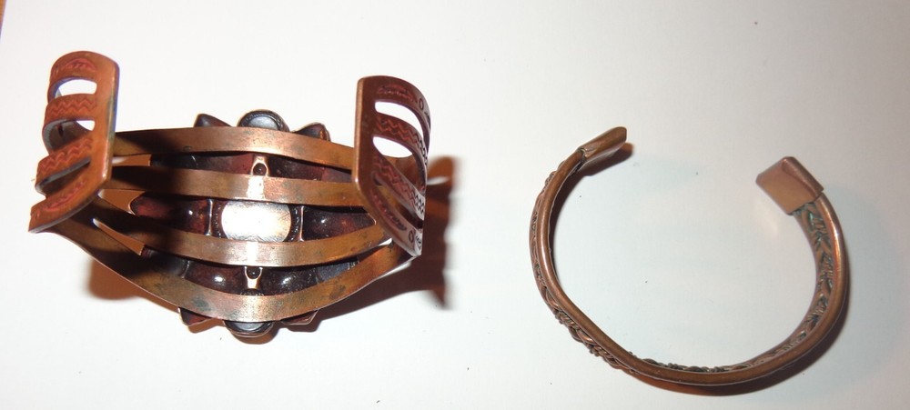 2 Vintage COPPER BRACELETS STATEMENT TURQUOISE?? BLUE STONES & NARROW BANGLE