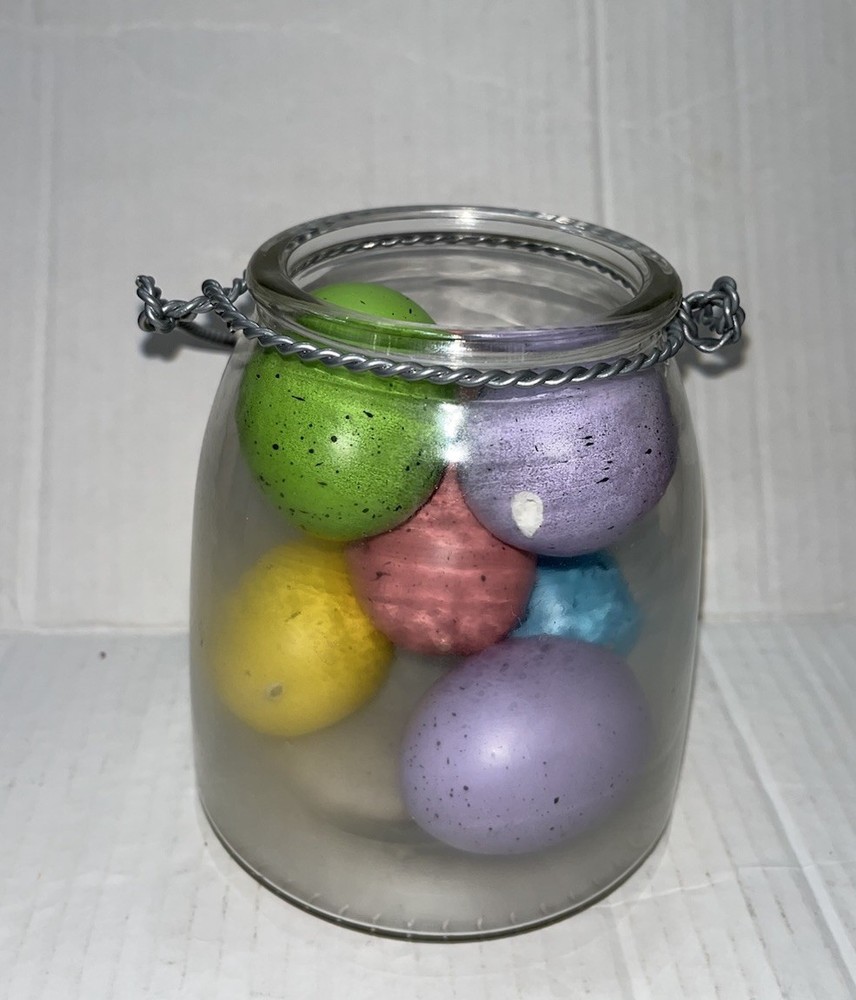 Rae Dunn colorful Easter Eggs in Happy Easter Clear Glass Jar w/Handle EUC