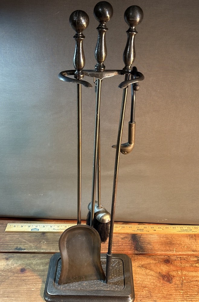 Vtg Black Iron & Brass 3 Piece Fireplace Tool Set W/ Stand  30” & Duck Flue Pull