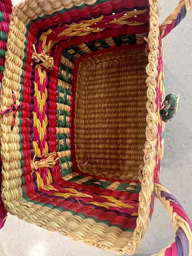 Handmade Woven Multicolor Straw Basket Made In Mexico