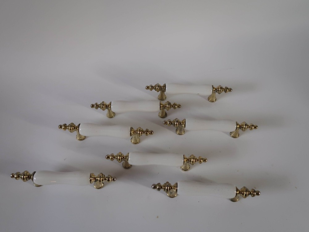 Vintage Lot of 7 Brass / Ceramic Handle Cabinet / Drawer Pulls