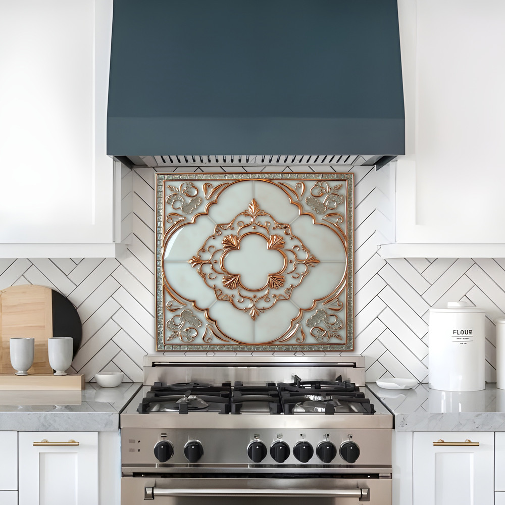 Glass Backsplash, Pattern Tile Look One Piece Tempered Glass Kitchen Splashback