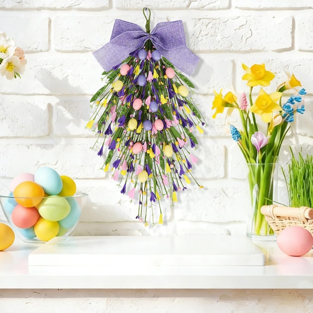 2 Pack 24'' Easter Teardrop Swags for Front Door Pastel Easter Eggs Teardrop ...