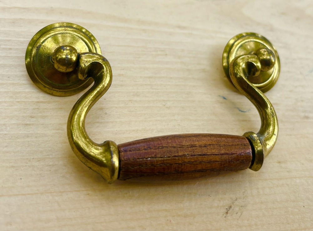 Chippendale Antique Hardware Bail Drawer Pull Brass &Oak Swan Neck 3”centers