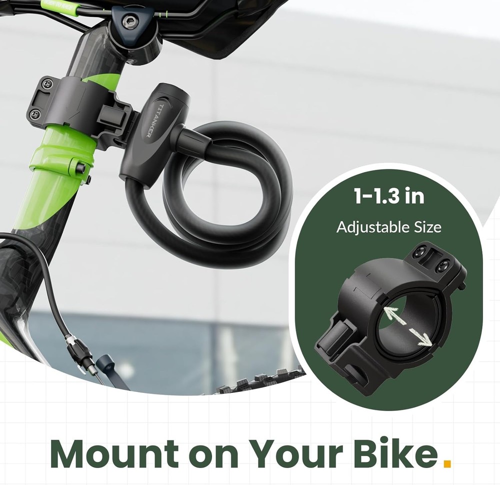 Titanker Bike Lock, 1/2 Inch Thick Lock Cable Coiled Secure Black