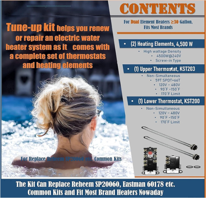Electric Water Heater Tune-Up Kit, Includes Two 4500W 240V Water Heater Elements