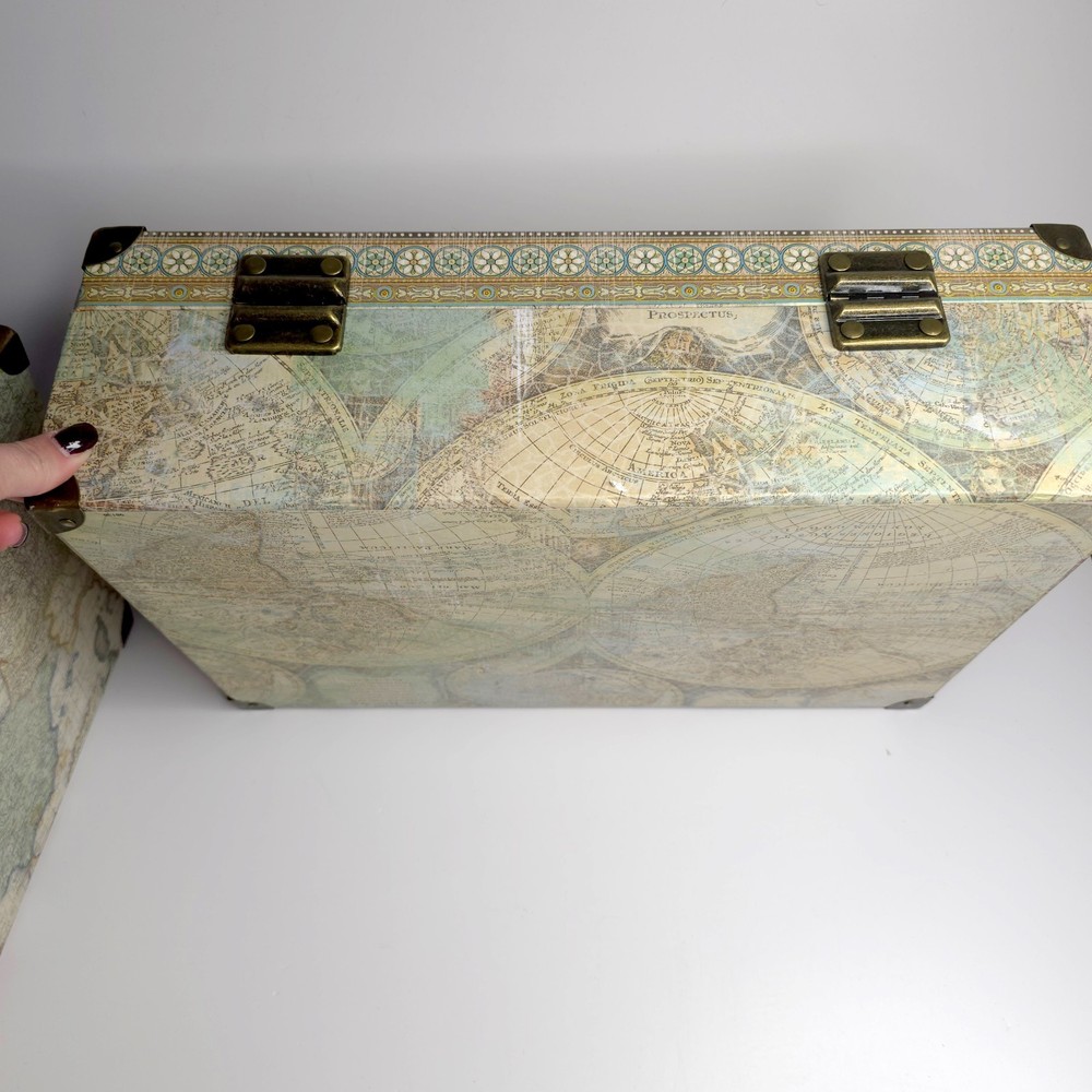 Set of 2 Vintage Map Pattern Large Decorative Storage Box W/ Handle & Latch READ