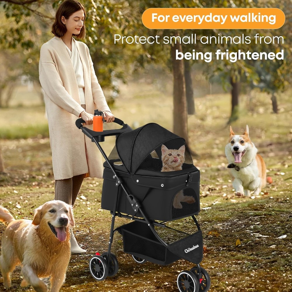 Pet Stroller Dog Stroller Small Medium Dog Cat 3 Wheels Foldable with Canopy