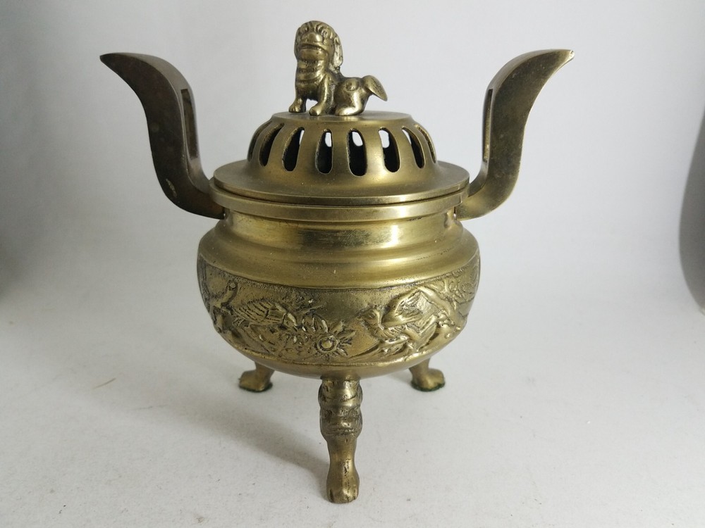 Solid Brass Foo Dog Incense Burner Pot Made In Hong Kong