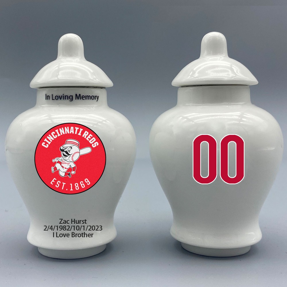 Ceramic Baseball Urn – Cincinnati Reds Theme, Custom Text & Number