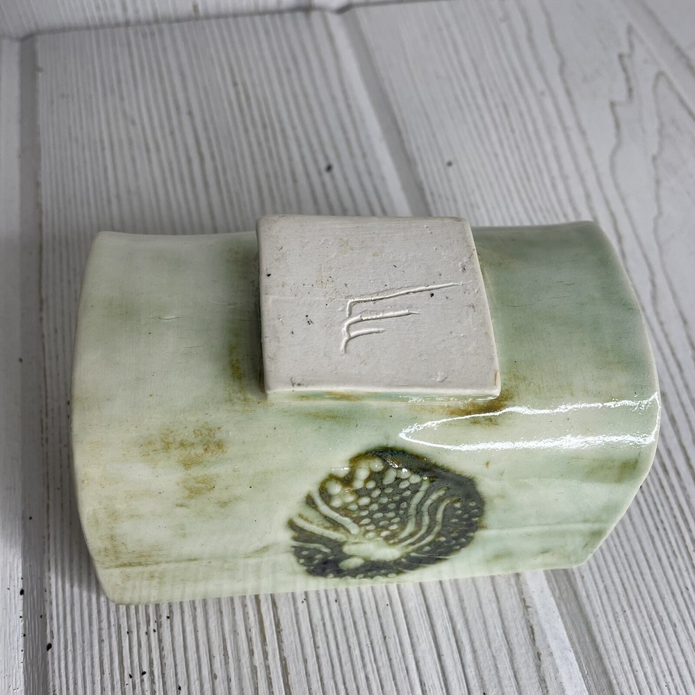 Artisan Pottery Bread Mail Holder Green Ceramic Stamped