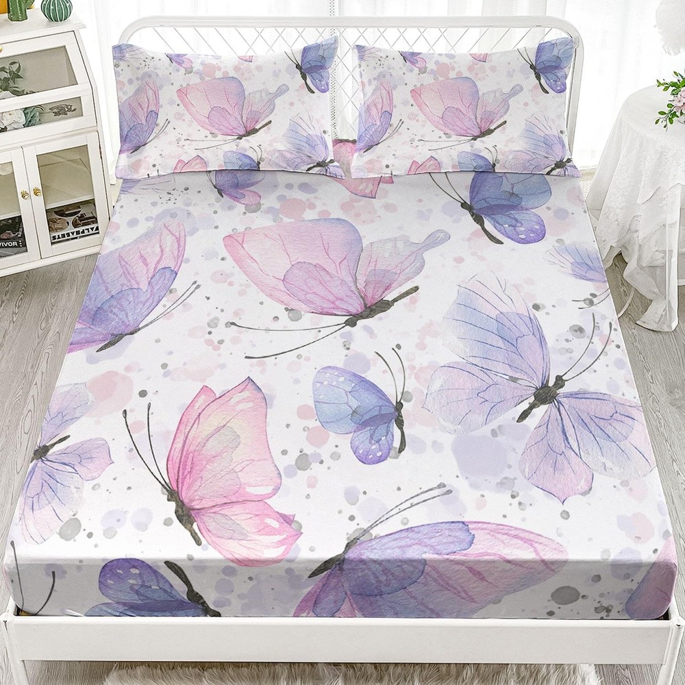 Kids Butterfly Sheets Set - 4 Pcs, Queen Size with 1 Flat & 1 Fitted Sheet + ...