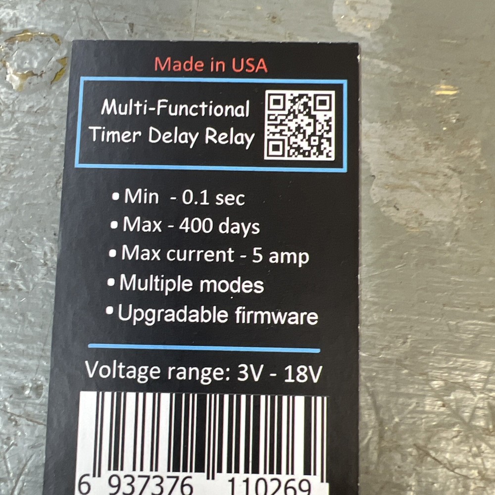 Small , miniature 3-18v 5amp multi functional timer. 0.1sec to 400 days