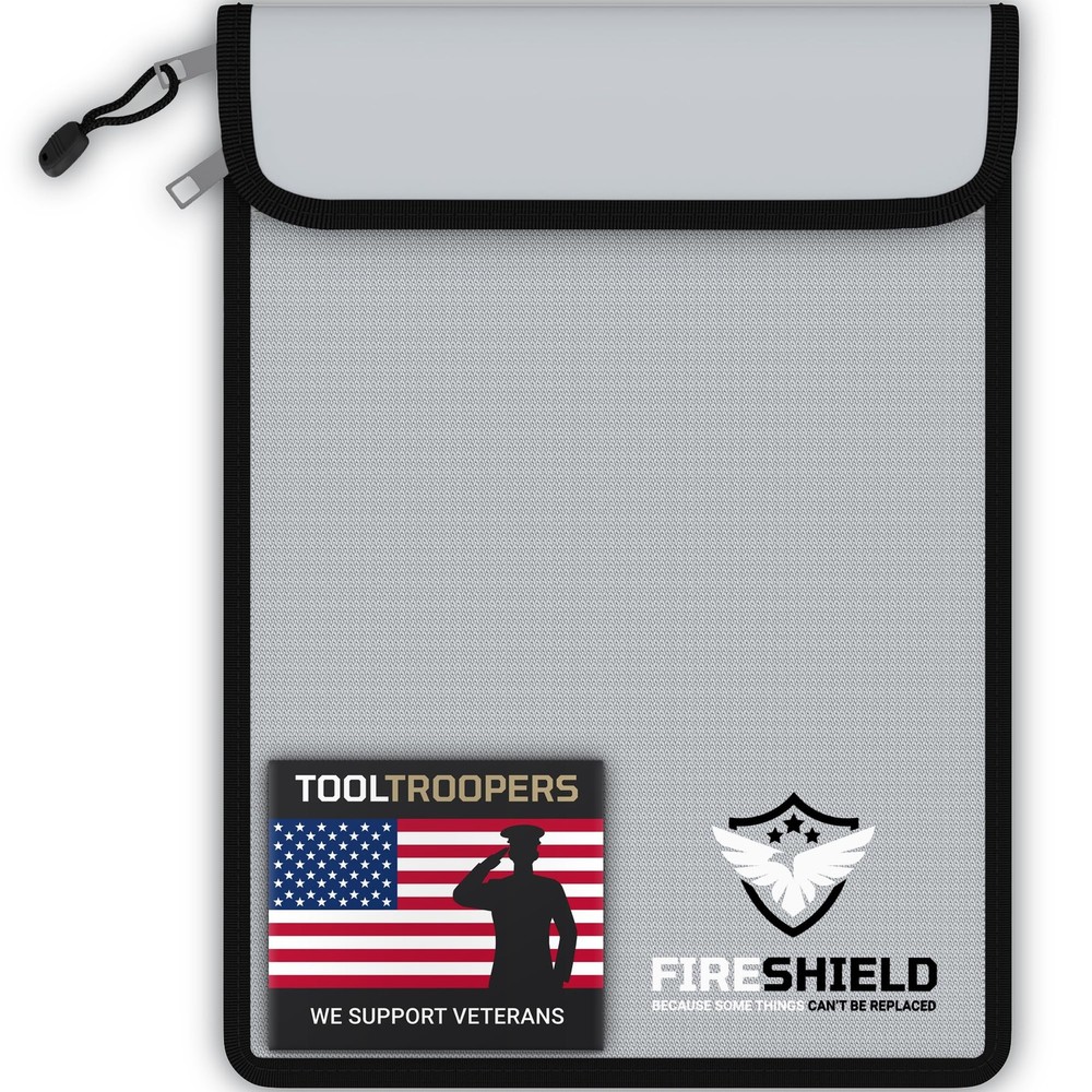 FIRESHIELD PRO Upgraded 2000°F Fireproof Document Bag w/ Large, Matte Silver
