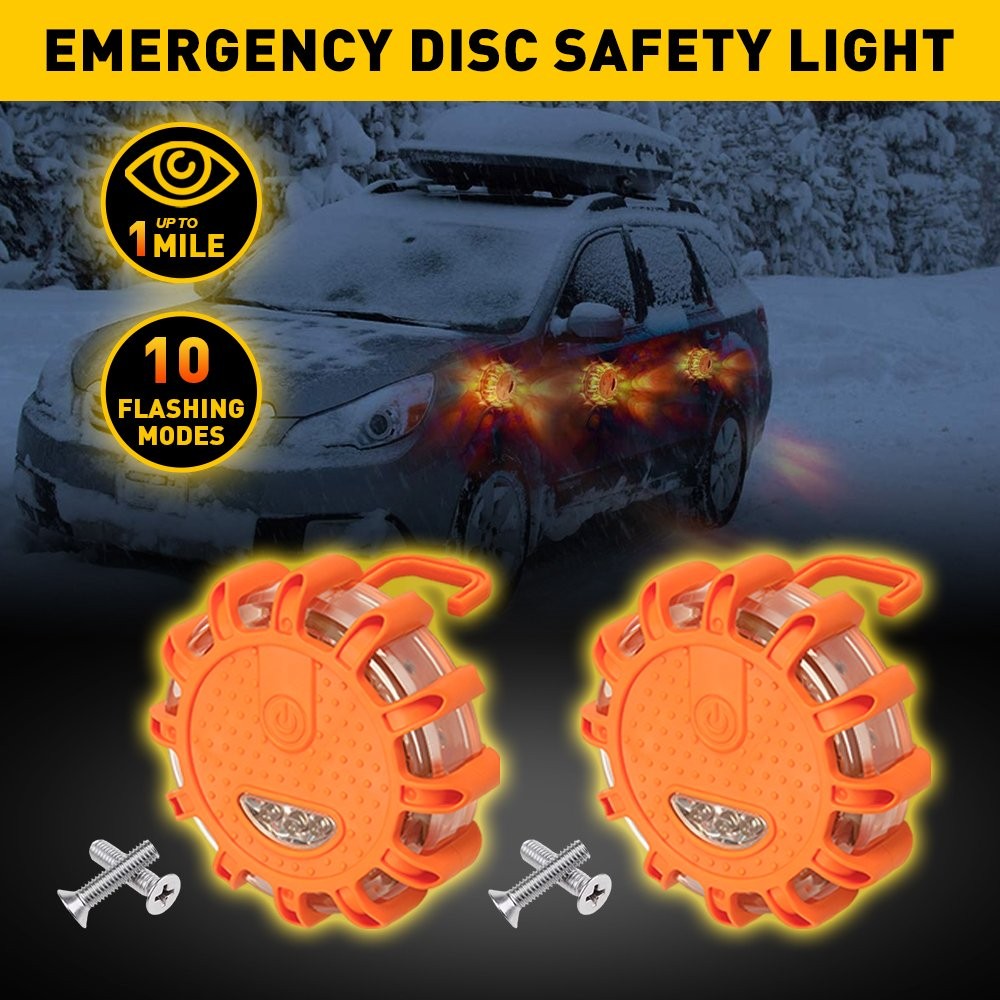 2PCS LED Safety Flare Warning Disc Flashing Roadside Light Strobe Beacon