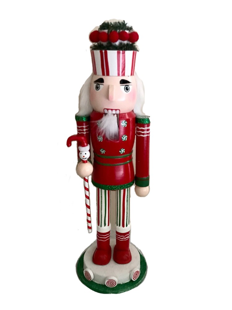 Candyland  Candy cane Gentleman Handmade Wooden Nutcracker  White Red Medium