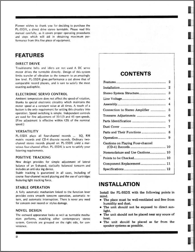 Pioneer PL-55DX Turntable Owners Manual