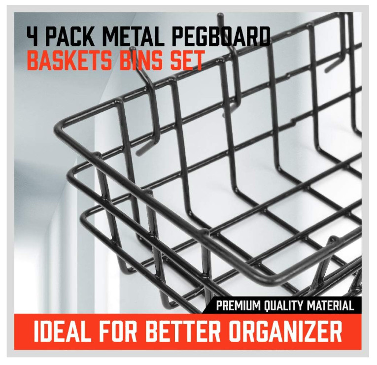 Peg Board Bins and Baskets 4 Pack Square Style 4 Size Pegboard Baskets and Bins