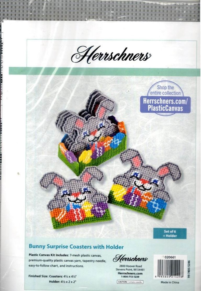 NIP!!! PLASTIC CANVAS KIT BUNNY SURPRISE COASTERS WITH HOLDER