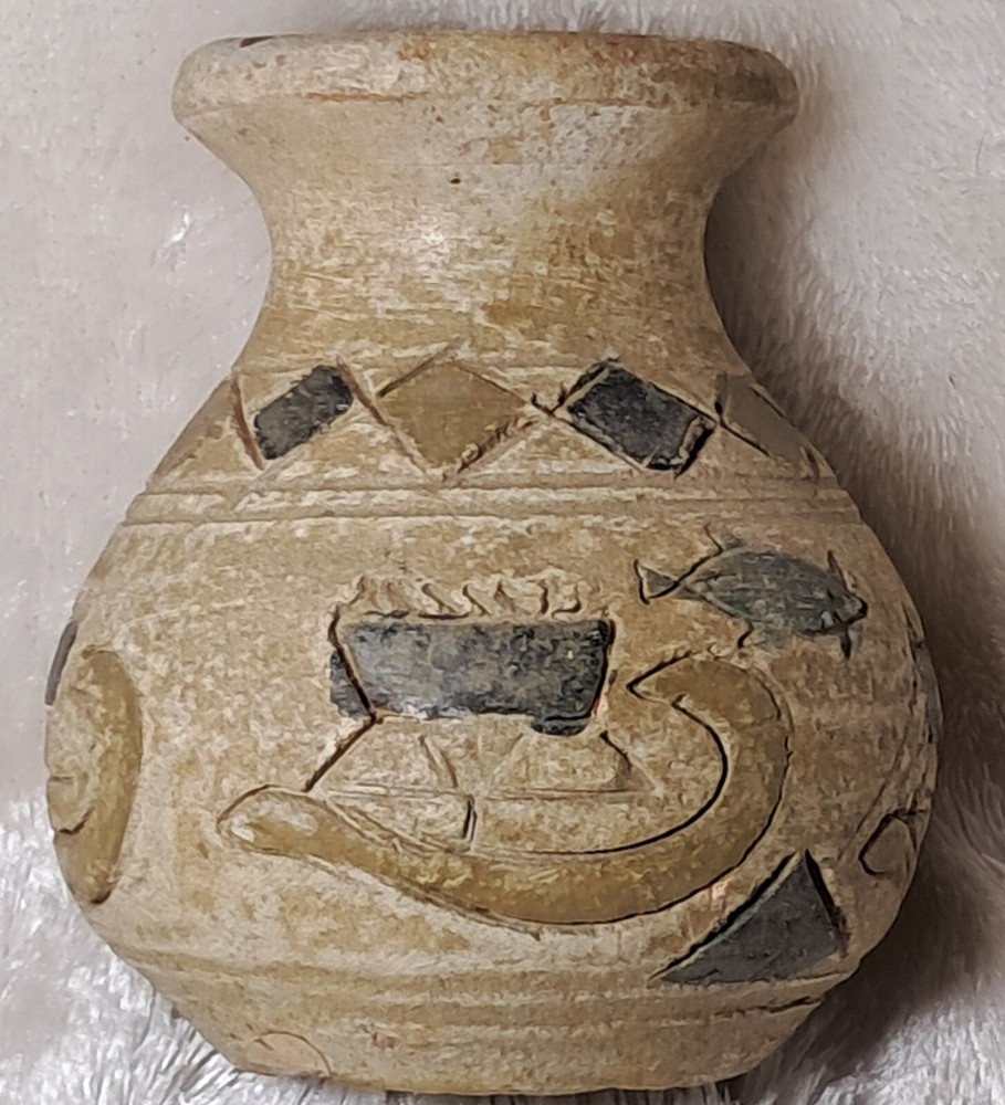 Primitive Style Clay Vase has Fish Boat Diamond Pattern Painted Scraffito Small