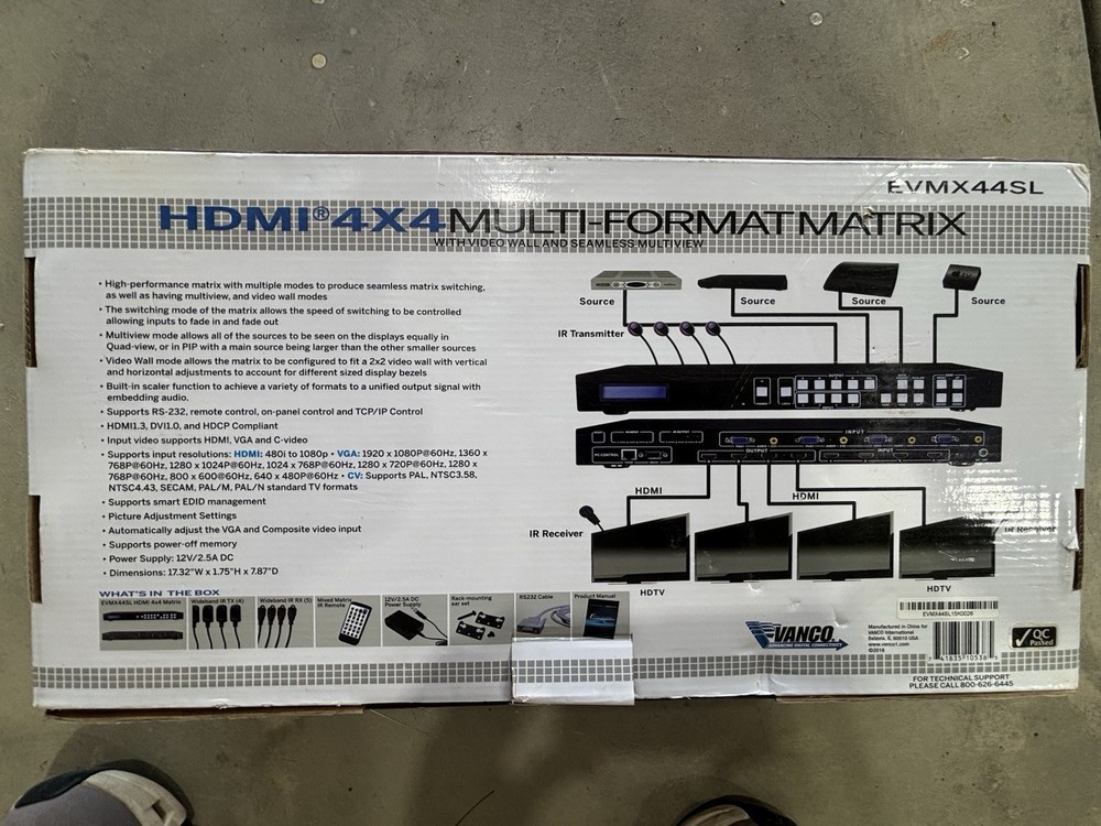 NEW Vanco Evolution EVMX44SL HDMI 4x4 Multi-Format Matrix Switcher (Unused)