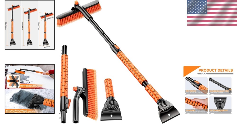 Extendable Ice Scraper & Snow Brush - 30"-39" Adjustable with 360° Swivel