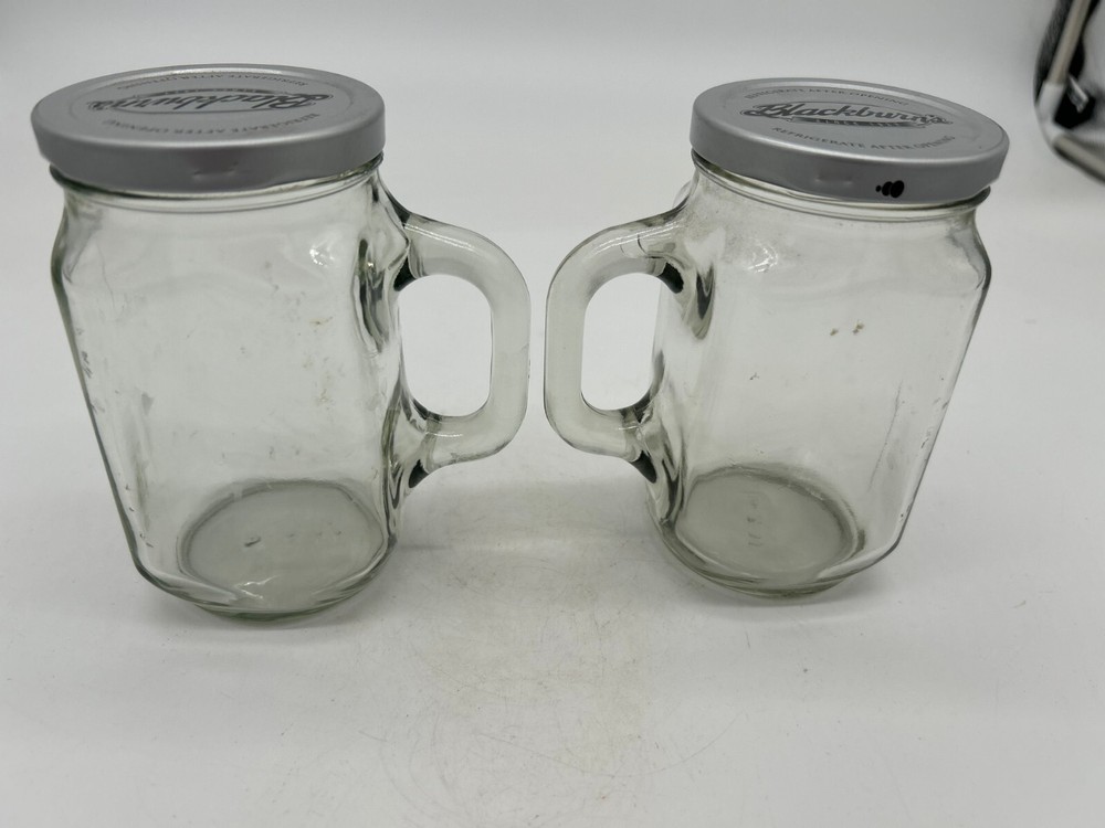 2 Backburn's glass jars with handles (mugs)
