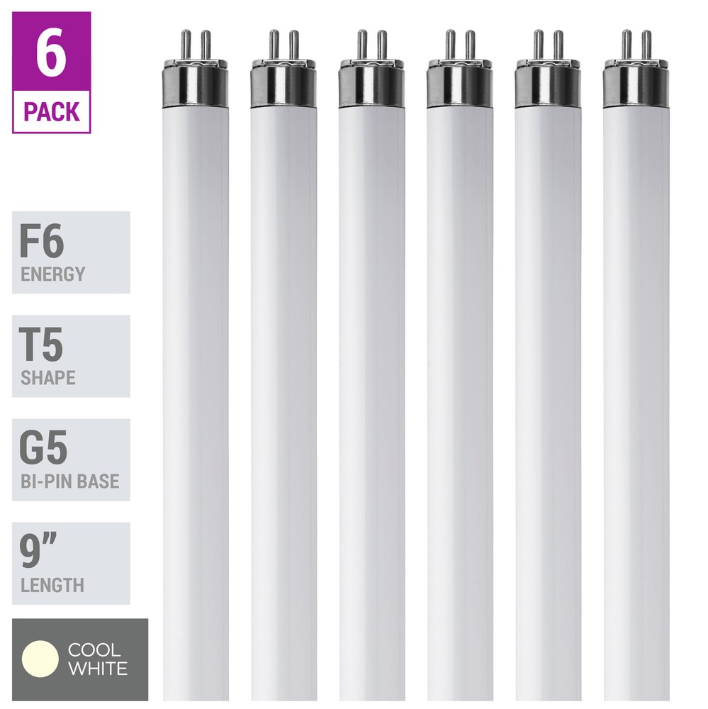 6 Pack F6T5 CW 41K Tube 9" Inches 6W Watt T5 Mini Bi 2-Pin G5 4100K Cool White