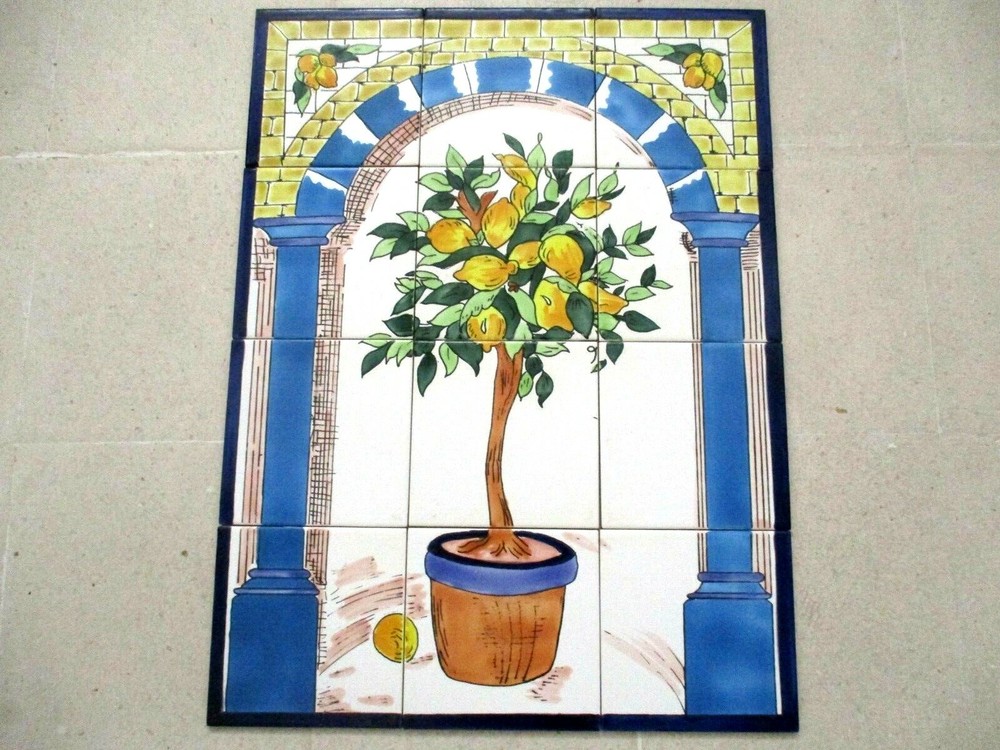 Hand Painted Ceramic tile art wall mural panel Lemon Tree BACKSPLASH 18" x 24"