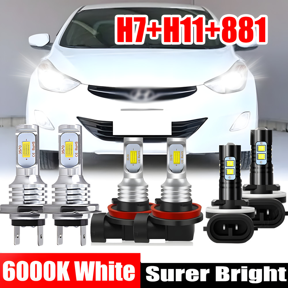 6x For Hyundai Elantra 2013-2018 Combo LED Headlight Hi Lo Beam Fog Light  Bulbs