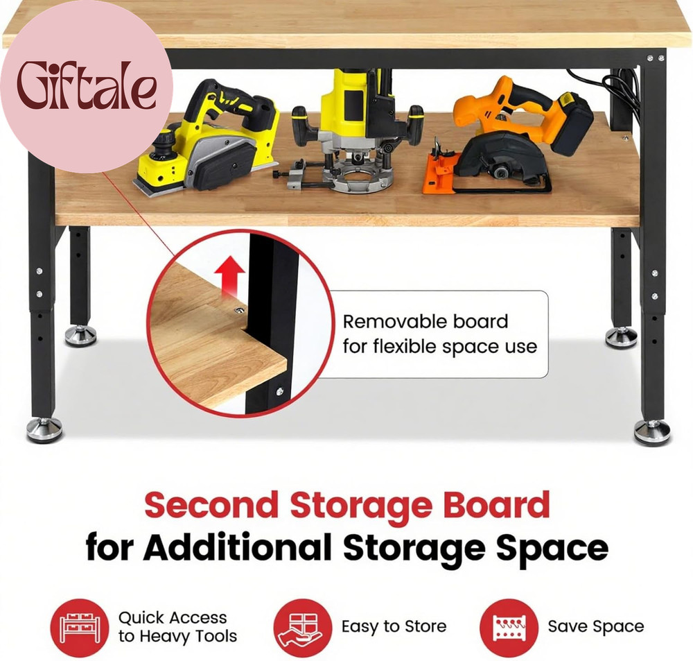 Work Table for Garage 60 X 22 Inch Adjustable Height Workbench Heavy Duty Rubber