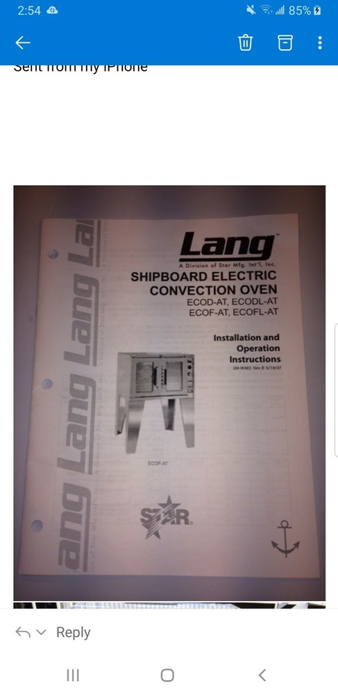 Lang Shipboard Electric Convection Oven
