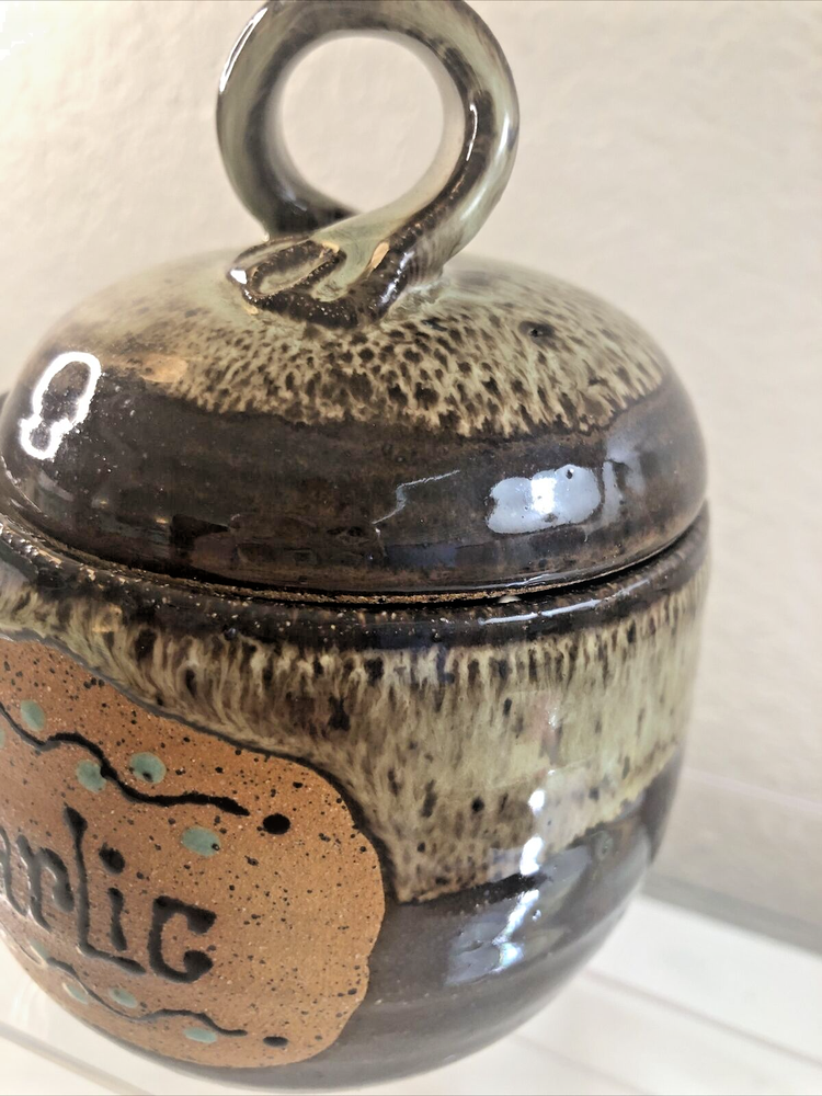 Studio Art Pottery Garlic Keeper Ceramic Stoneware Drip Glaze Signed B 5" Tall