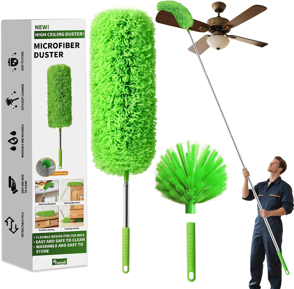 Cobweb Duster with Extension Pole, Washable Cleaning Duster Set with 2 Duster He