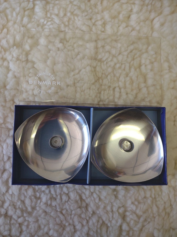 Hyslop Stainless 18/8 pair triangular taper candleholders Denmark w. box