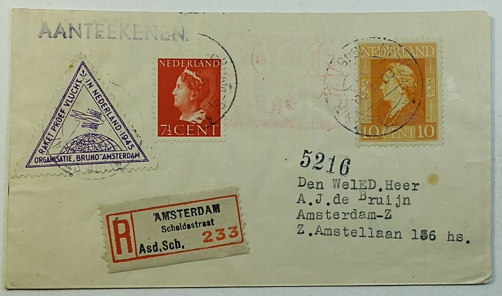 1945 Netherlands Amsterdam Registered Experimental Rocket Flight 71/2c & 10c
