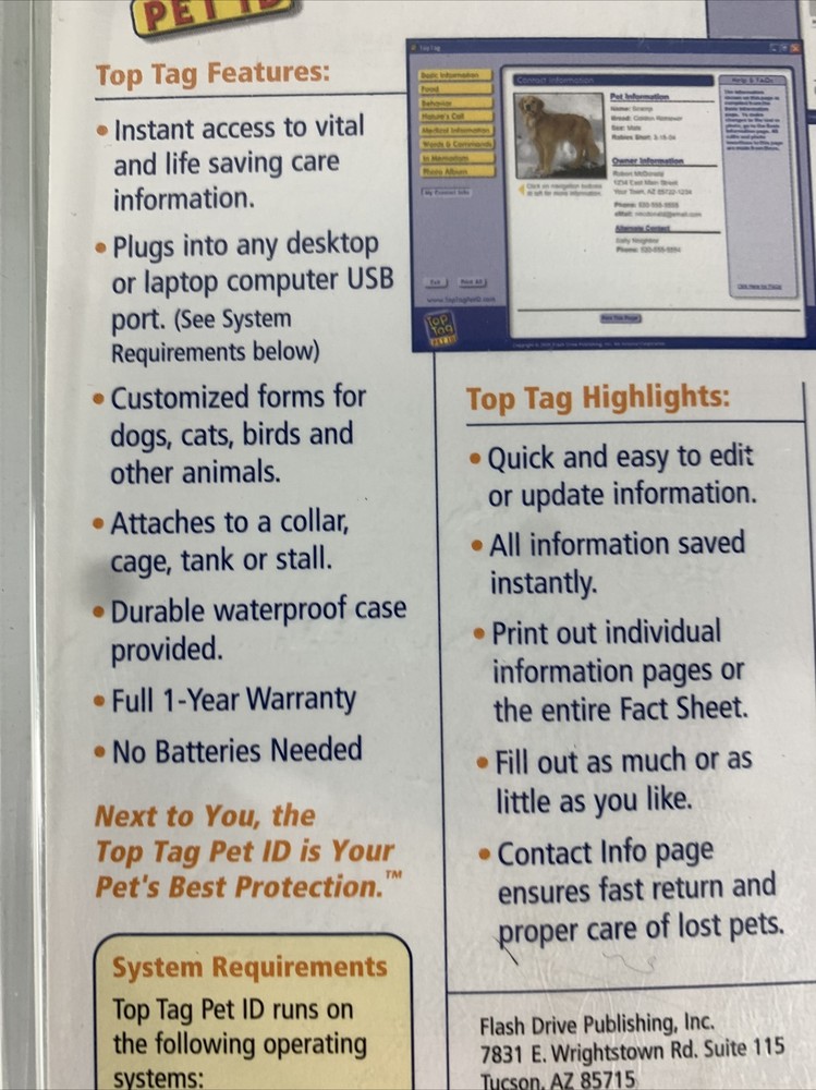 Top Tag Complete-Care Pet ID Tag. New