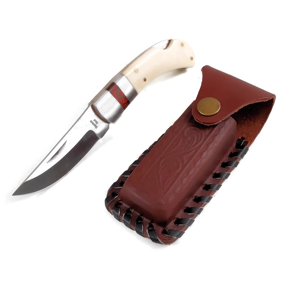 Real Bone Handle Lockback EDC Folding Pocket Knife w/Leather Sheath