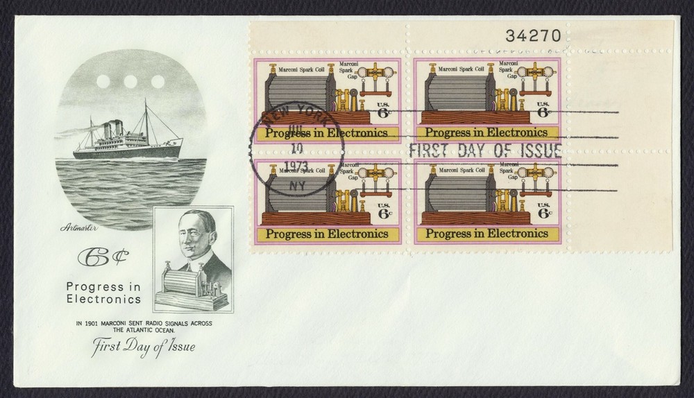 #1500 6c Progress in Electronics-Plt Blk, Artmaster-Add FDC **ANY 5=FREE SHIP**
