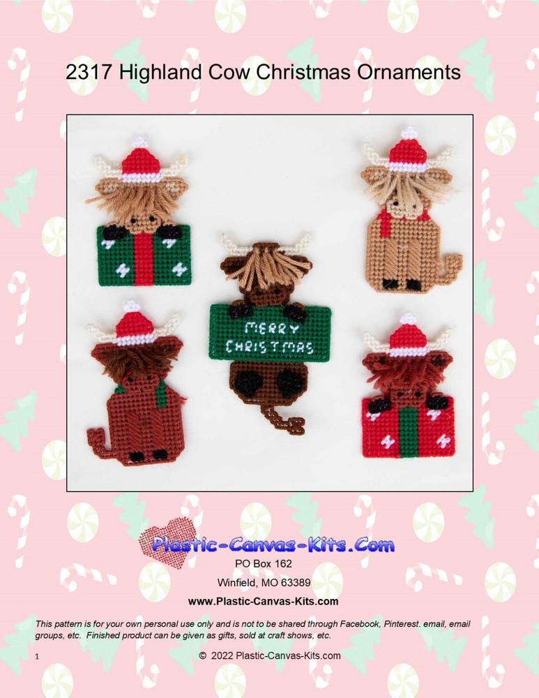 Highland Cow Christmas Ornaments-Plastic Canvas Pattern or Kit